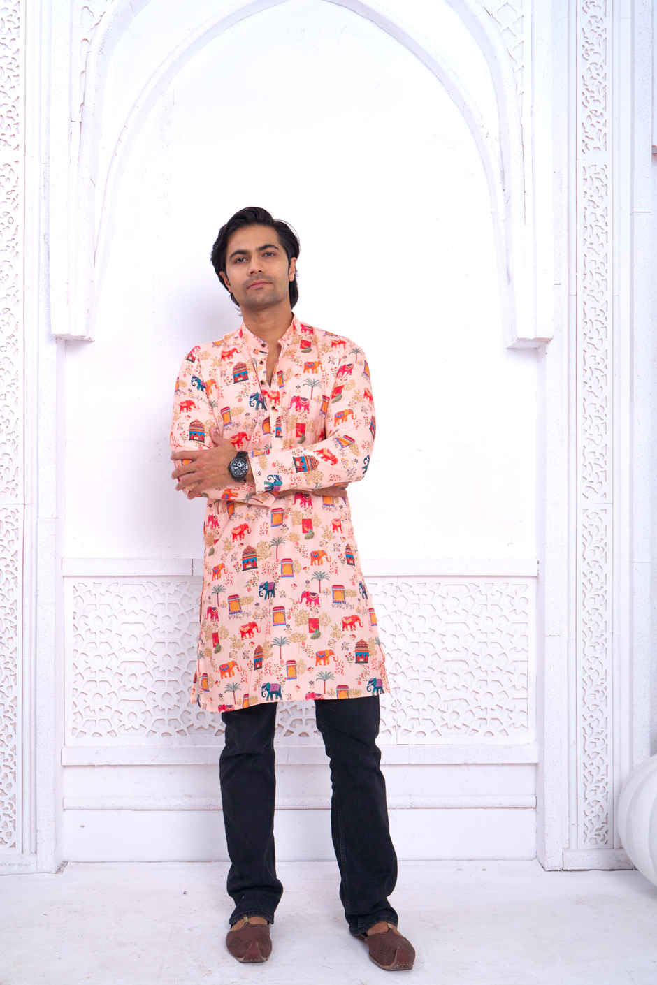 House Of Festivals Men's Printed Cotton Blend Ethnic Design Long Kurta | Multicolor - L