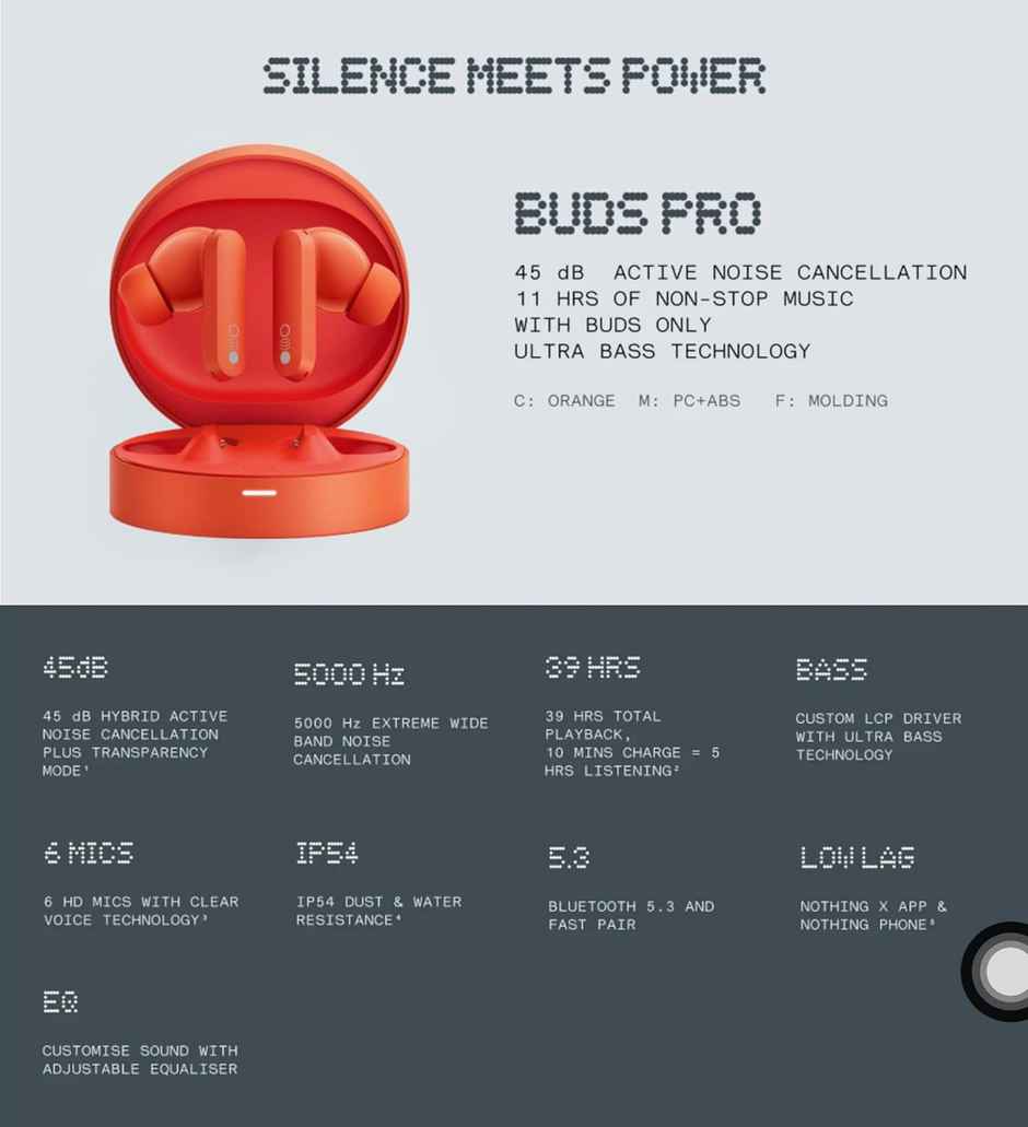 CMF BY NOTHING In Ear TWS Earbuds Buds Pro Noise Cancelling/Bluetooth/Up To 39 Hours Of Usage, Dedicated App Compatible, Lightweight, Out-Of-Sound Capture - Orange