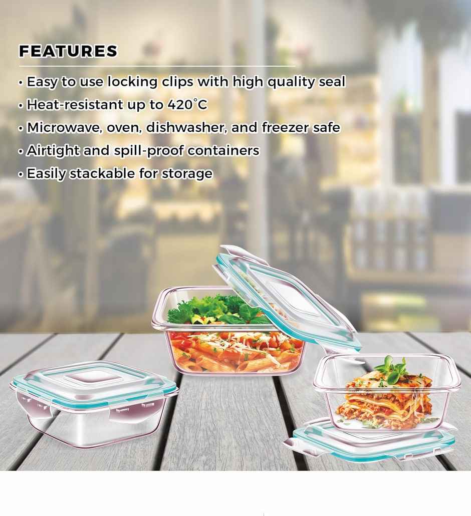 SignoraWare Lock 'N' Store Borosilicate Glass Container Square, 320Ml+520Ml+800Ml, Set/3, 1731Clear