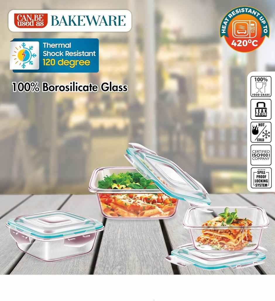 Signoraware Lock N Store Square Borosilicate Glass Container | 320 ml + 520 ml + 800 ml |Transparent