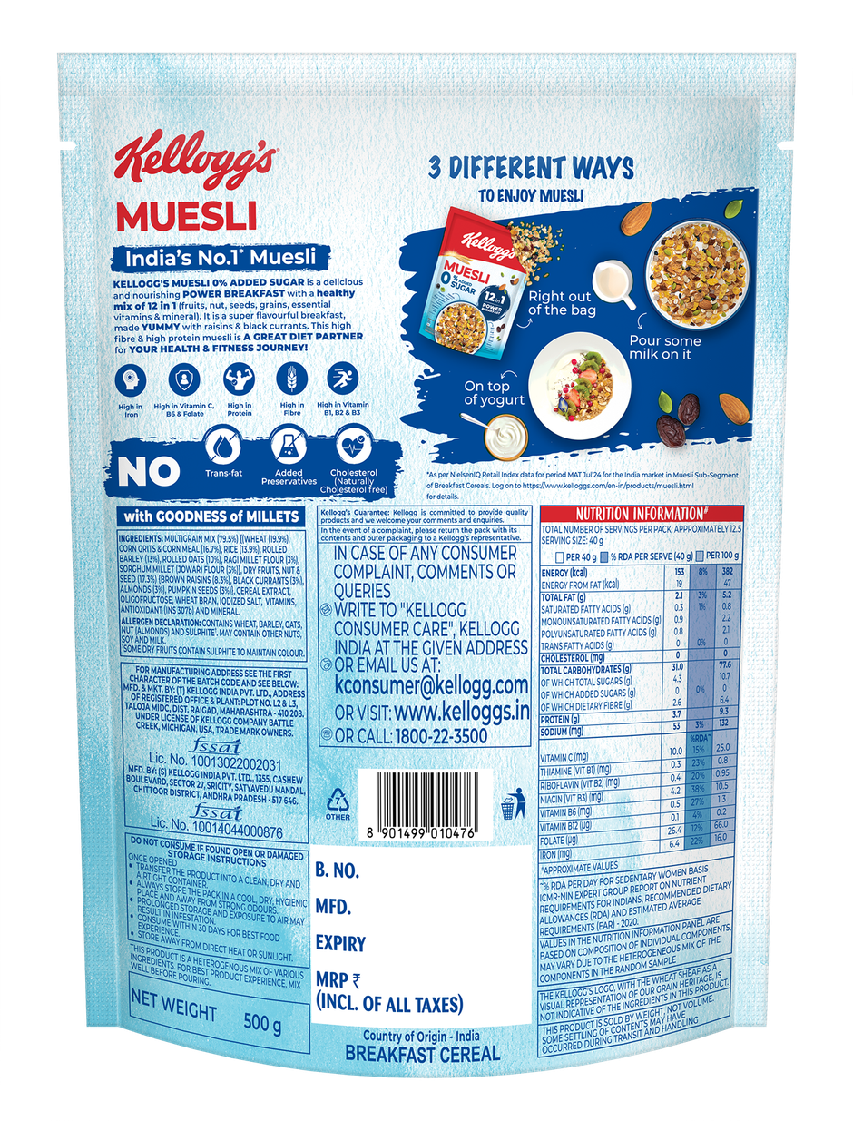 Kellogg's Muesli with Zero Added Sugar | 12 in 1 Power Breakfast |High Protein