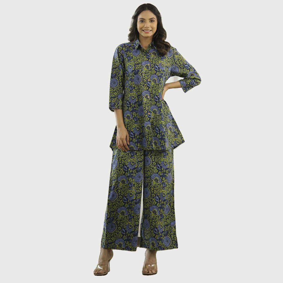 Sanskrutihomes Floral Printed Pure Cotton Tunic With Palazzo Co-Ords | Green | M