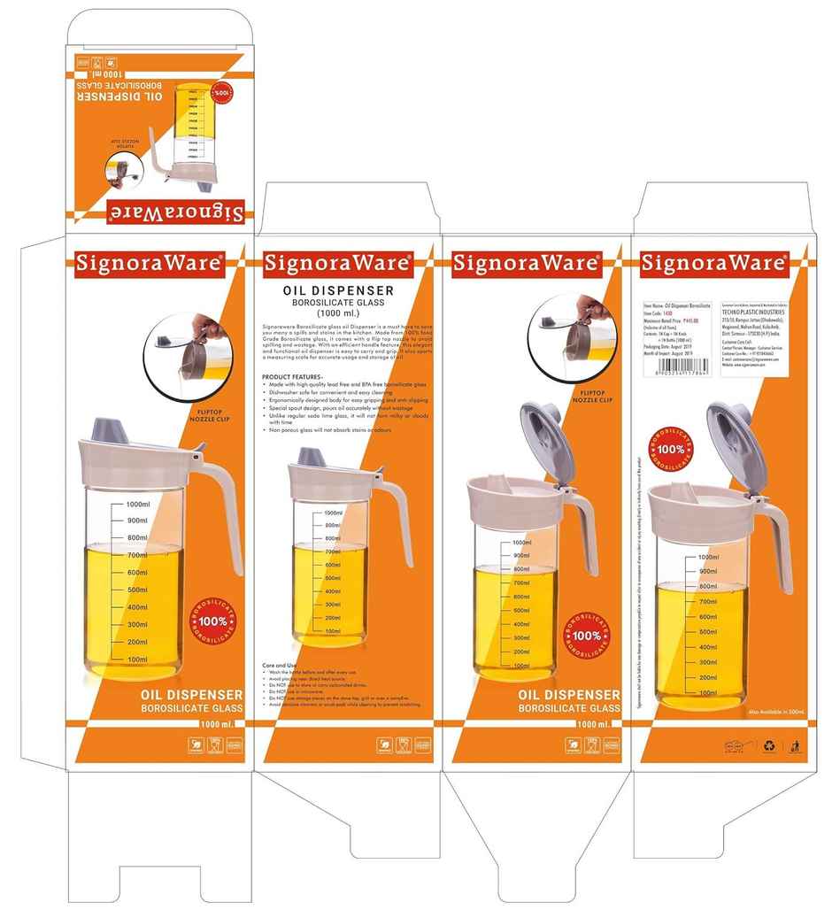 Signoraware Glass Oil Dispenser & Pourer | 1000 ml | Clear | Oil Pourer Bottle
