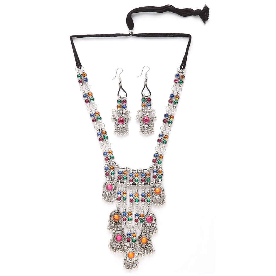 Shining Diva Fashion Stylish Traditional Oxidised Silver Necklace Jewellery Set for Women | 13110s