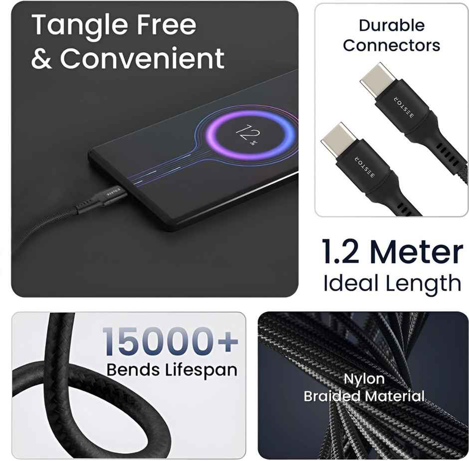 Bestor 60W Type-C to Type-C Cable 1.2m PD Nylon Braided Durable Design 480Mbps Data Transfer Compatible with Smartphones, Tablets, Laptops & All Type-C Devices - Black
