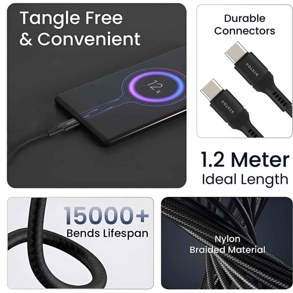 Bestor 60W Type-C to Type-C Cable 1.2m PD Nylon Braided Durable Design 480Mbps Data Transfer Compatible with Smartphones, Tablets, Laptops & All Type-C Devices - Black