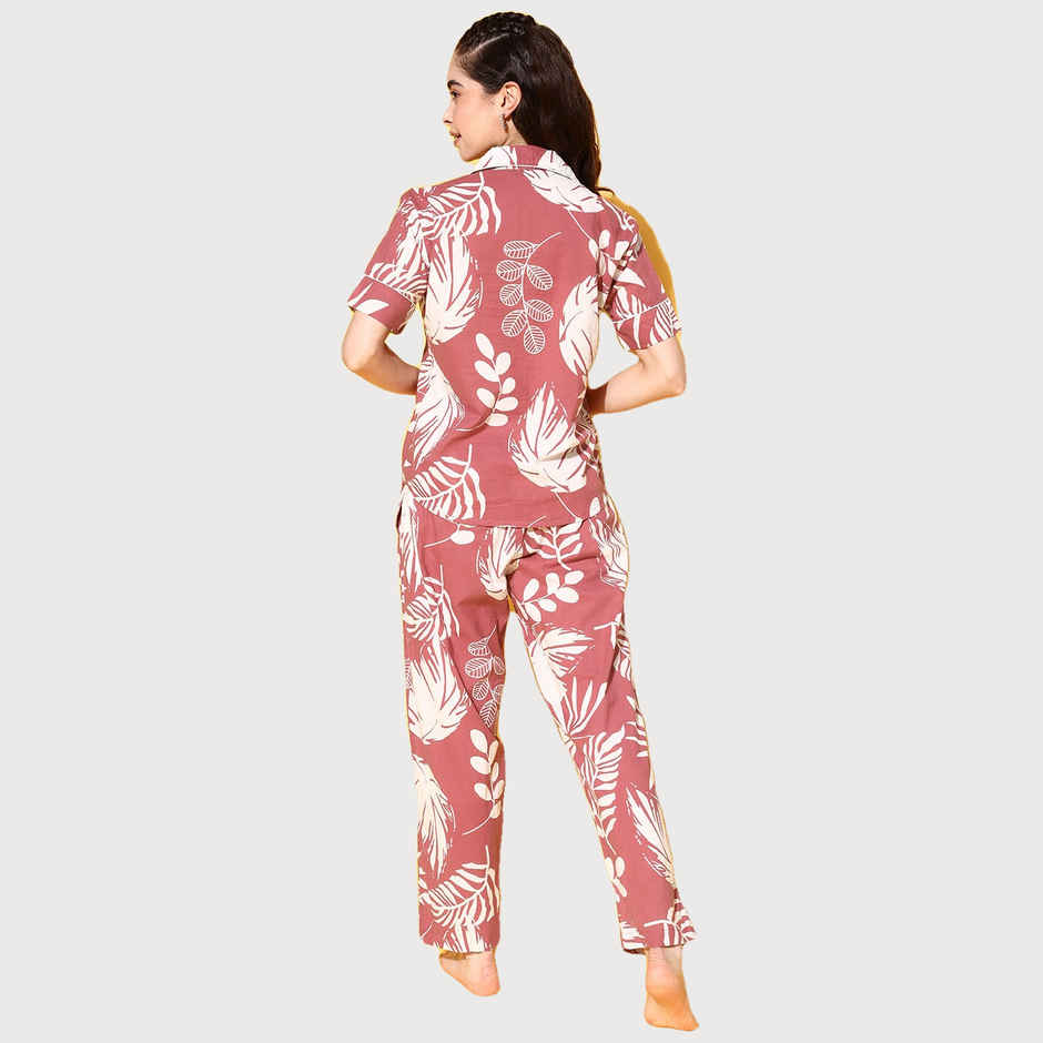 Sanskrutihomes Women Dusty Pink & White Pure Cotton Floral Printed Night Suit SE-NSP-94 | L