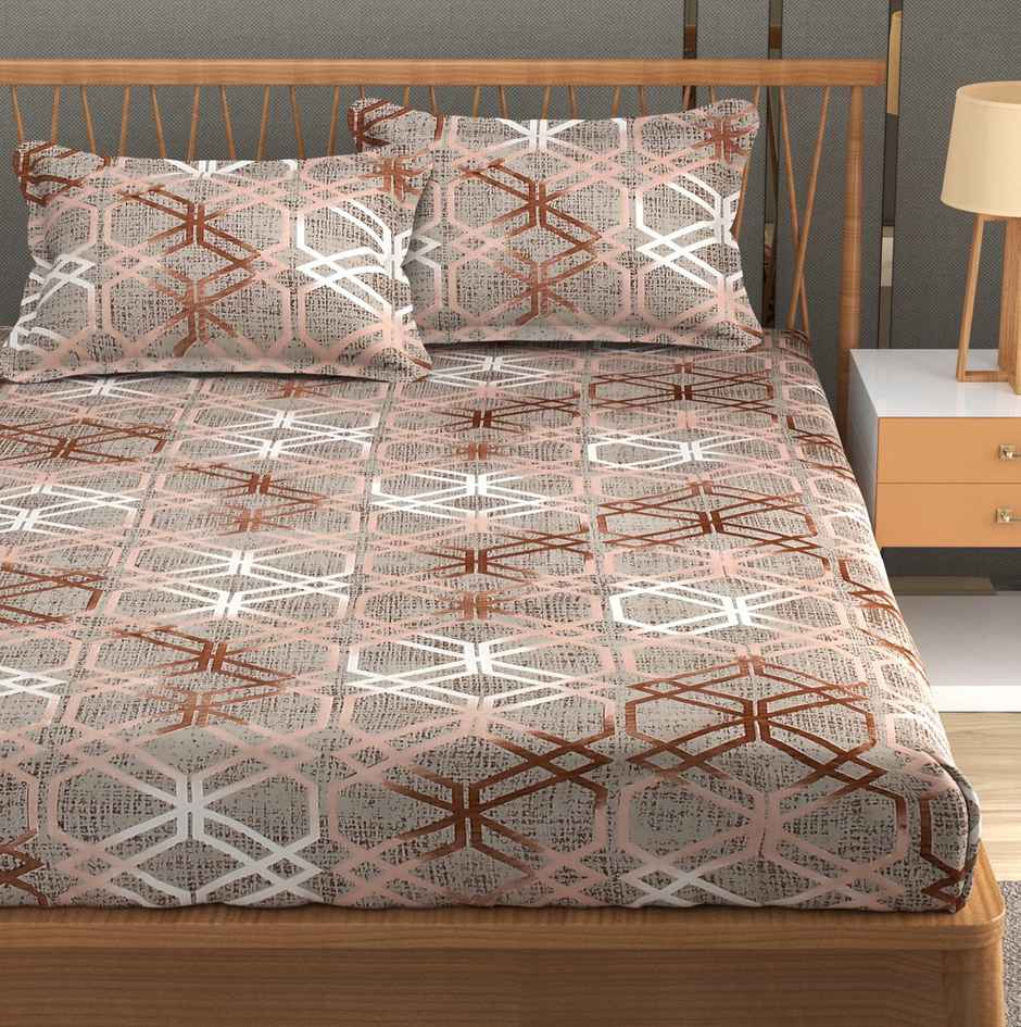 Furnofy Fitted Double 140 Gsm Geometric Bedsheet | With 2 Pillow Covers | Brown | 78 x 72 in