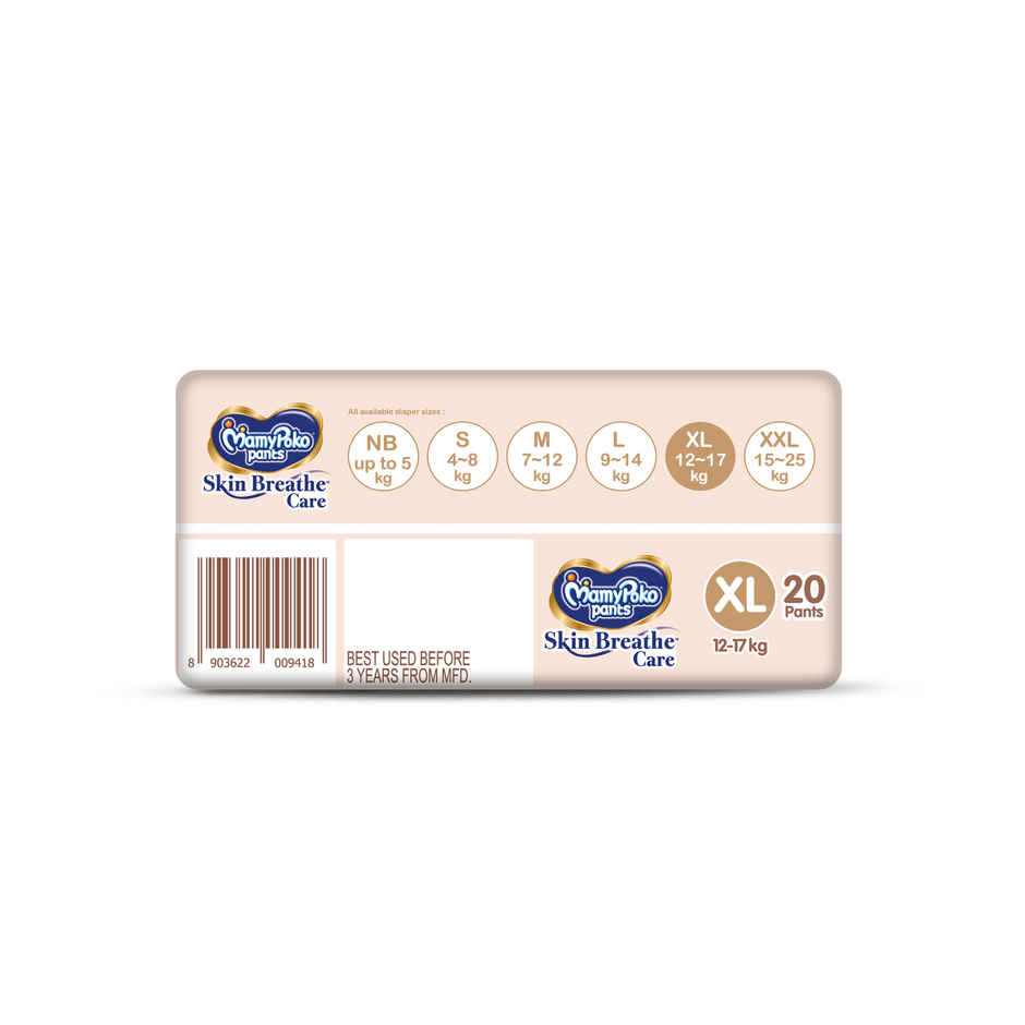 MamyPoko Pants Skin Breathe Care Baby Diapers | Size XL | 12 to 17 kgs | Derma Tested