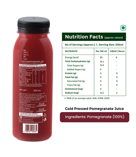 Pluckk Cold-Pressed Pomegranate Fruit Juice | No Added Sugar | No Preservatives | Rich in Vitamin E