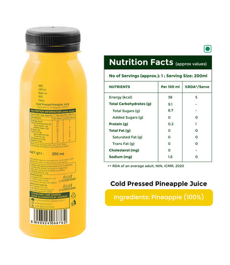 Pluckk Cold-Pressed Pineapple Juice | No Added Sugar | No Preservatives | Digestion & Skin Health