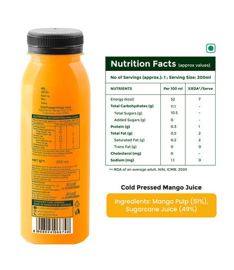 Pluckk Cold-Pressed Mango Fruit Juice | No Added Sugar | No Preservatives | Rich in Potassium