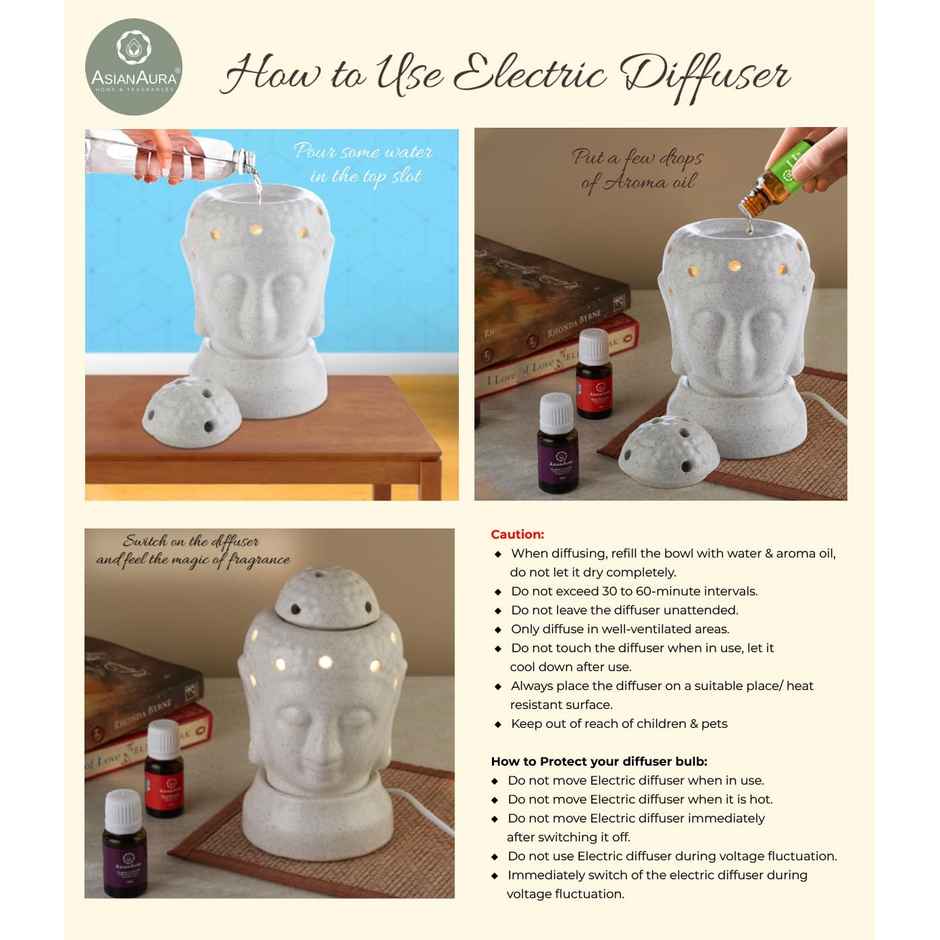 Asian Aura Handcrafted Ceramic Buddha Aroma Diffuser with Lavender & Rosy Romance Oils