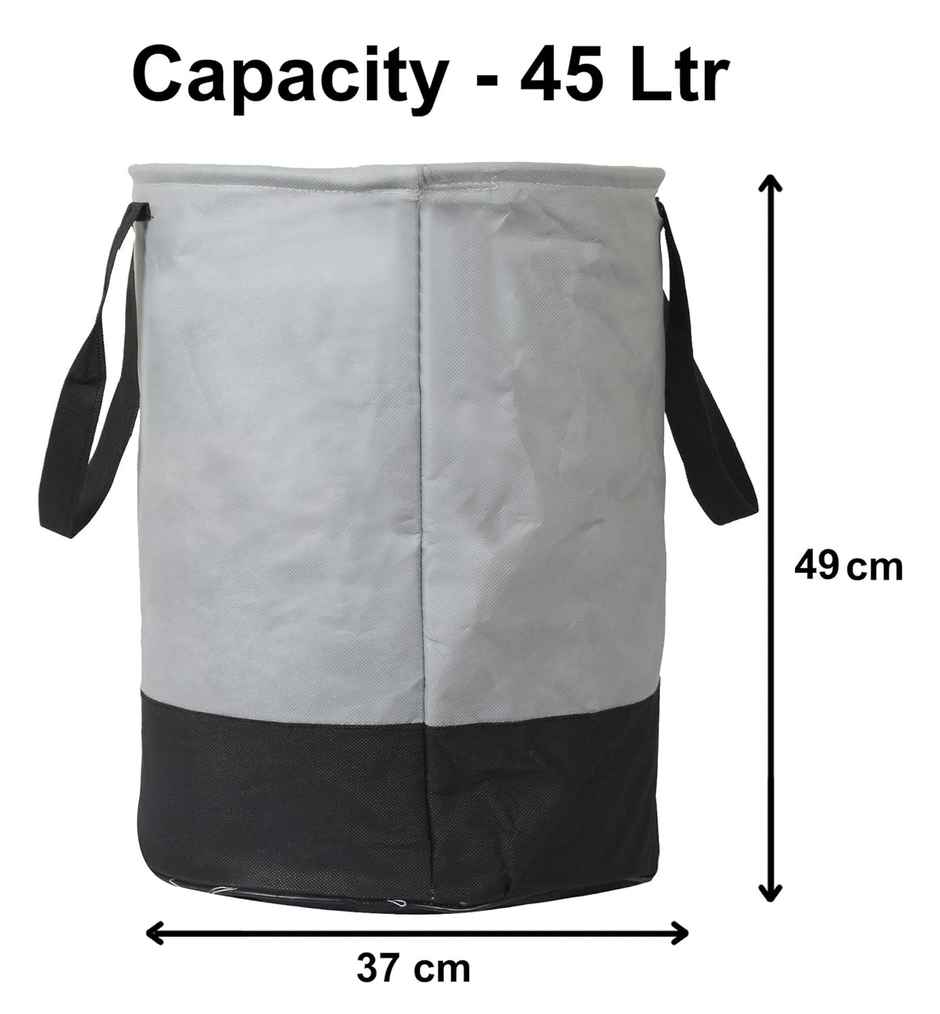 Kuber Industries 45 Liter Waterproof Round Non Wovan Laundry Bag/Hamper With Handles | Grey & Black