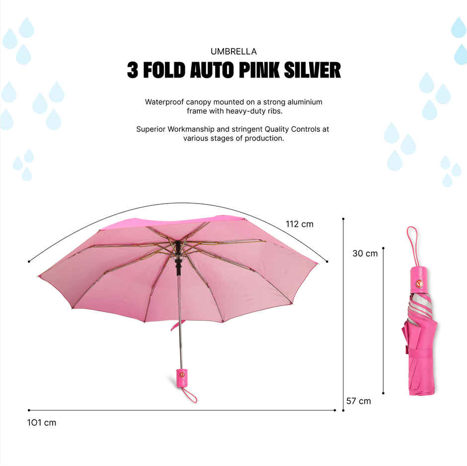 Citizen 3 Fold 22 Inch Auto Pink Mono Silver Umbrella