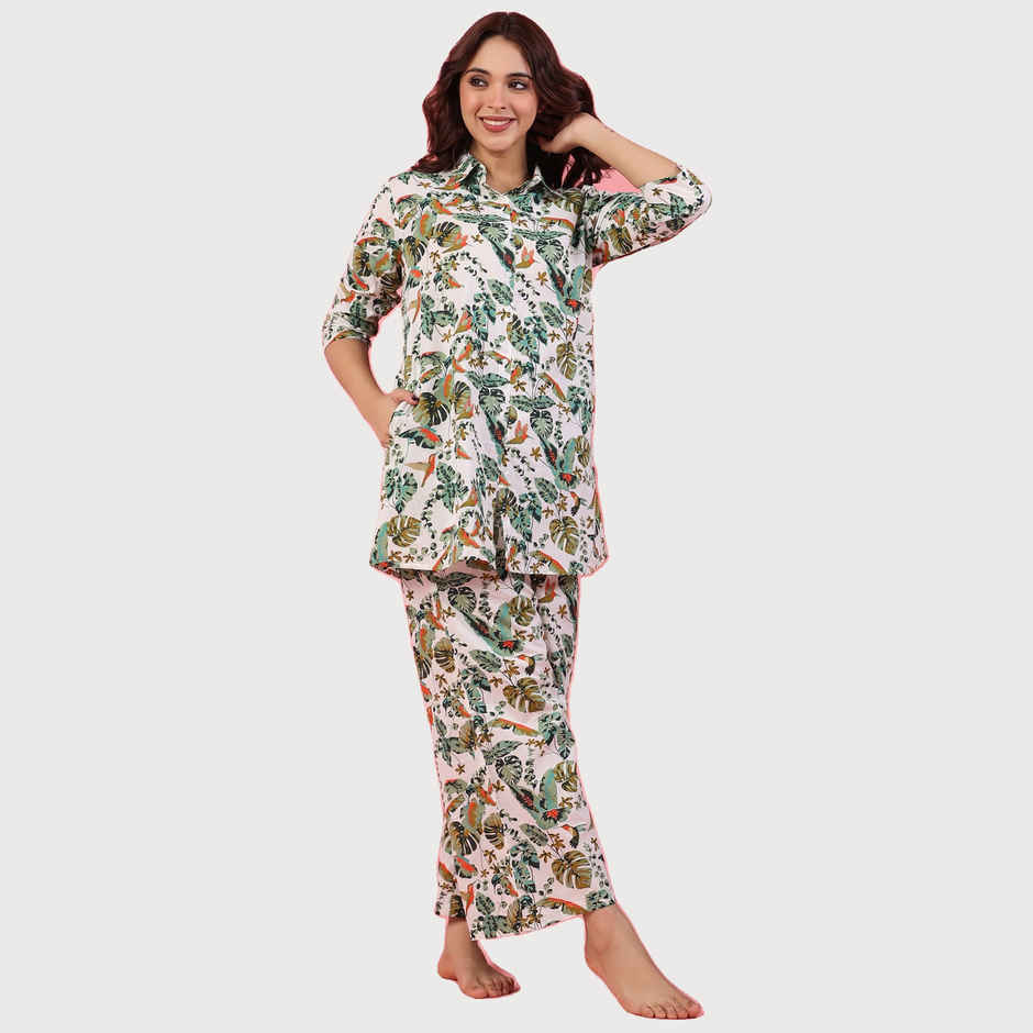 Sanskrutihomes Floral Printed Pure Cotton Night Suit | White - Green | S