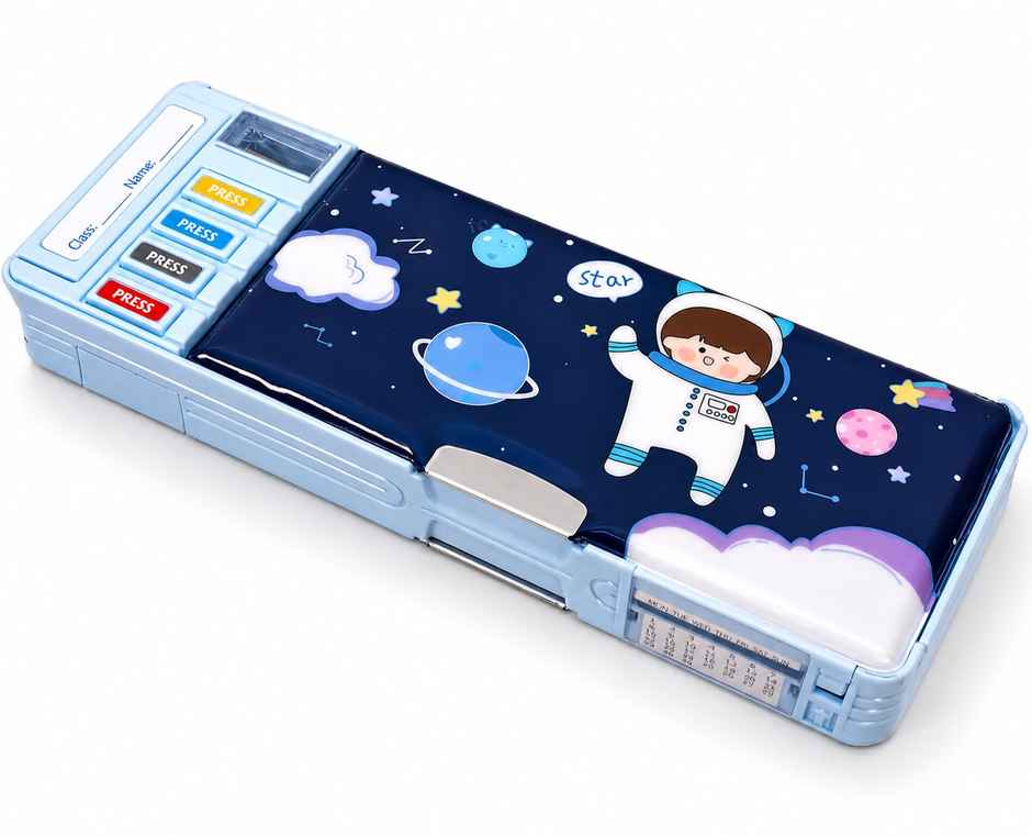 Toyshine Multi Compartment Button Operated Space Pencil Box with Pen Stand In-built For Kids - Blue