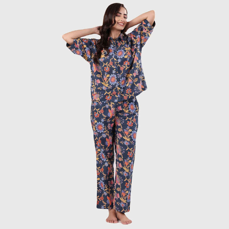 Sanskrutihomes Women Ethnic Motifs Printed Navy Night Suit SE-NSP-494 | M