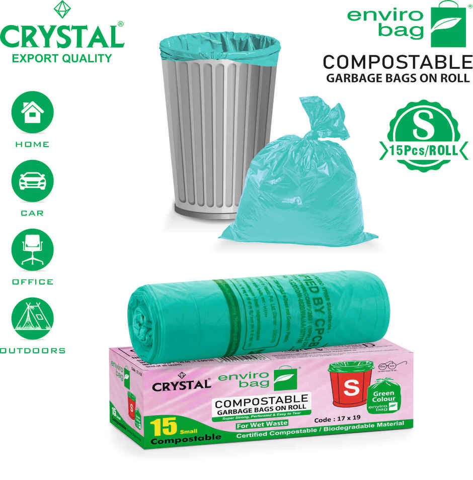 Crystal Small Garbage Bag 17x19, Compostable, Green Colour