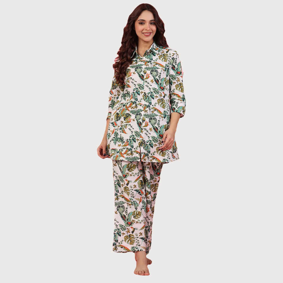 Sanskrutihomes Floral Printed Pure Cotton Night Suit | White - Green | S