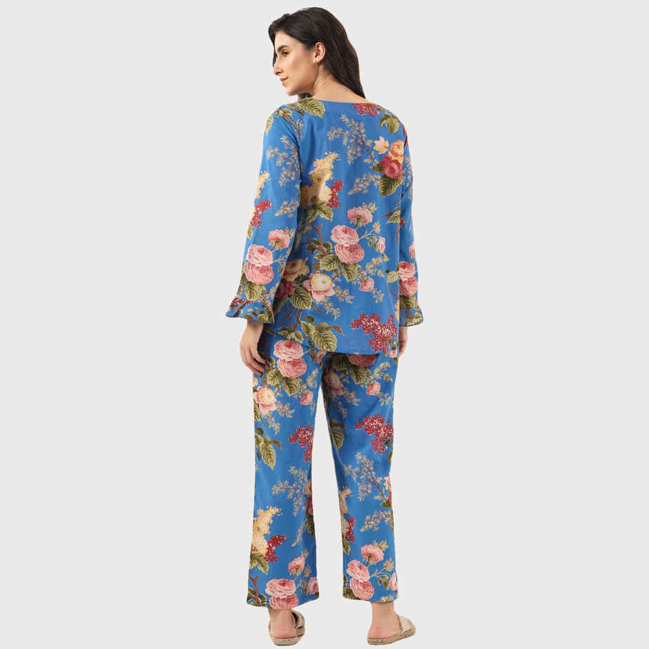 Sanskrutihomes Floral Printed Pure Cotton Night Suit | Blue | M