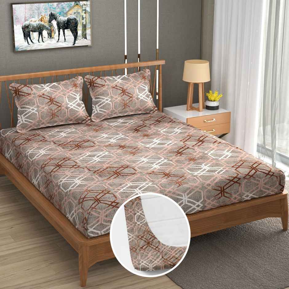 Furnofy Fitted Double 140 Gsm Geometric Bedsheet | With 2 Pillow Covers | Brown | 78 x 72 in
