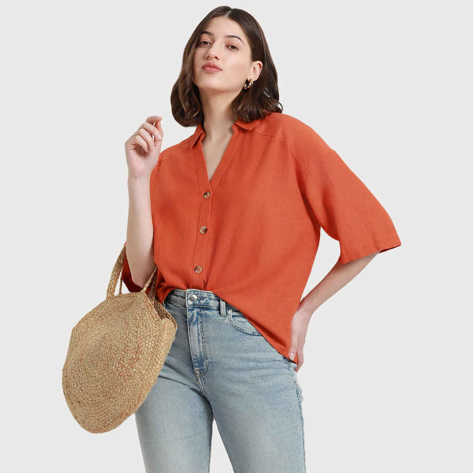 DL Women's Drop Shoulder Casual Oversized Shirt | DLWSHW23005 | Orange - M