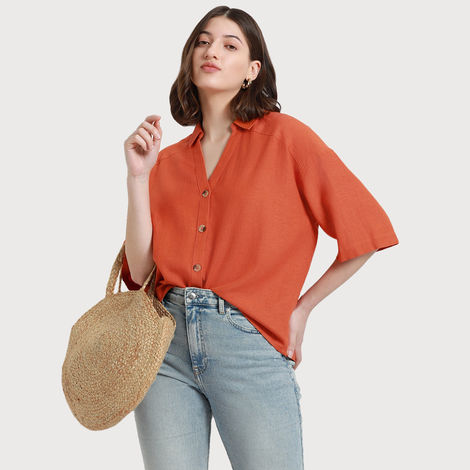 DL Women's Drop Shoulder Casual Oversized Shirt | DLWSHW23005 | Orange - M