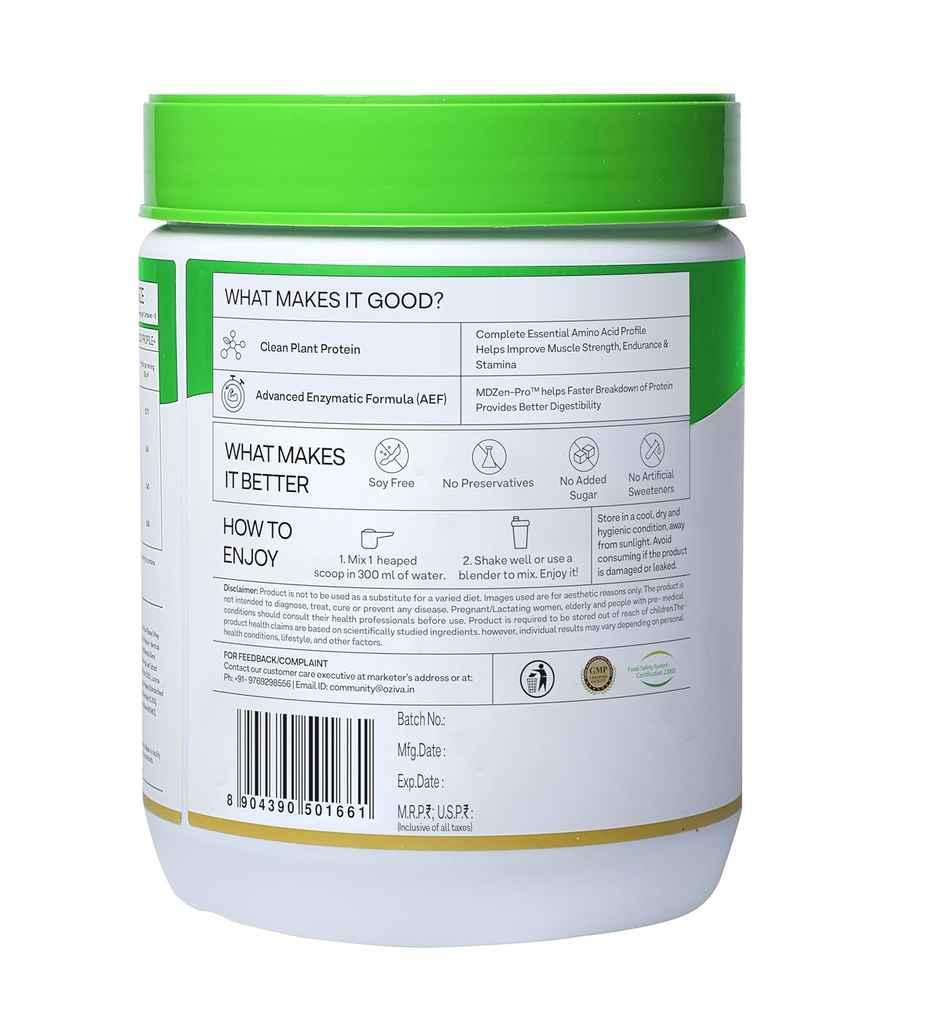 Oziva Bioactive Plant Protein Powder , 25g Protein | 5.5g BCAA | Sugar Free - Malabar Vanilla