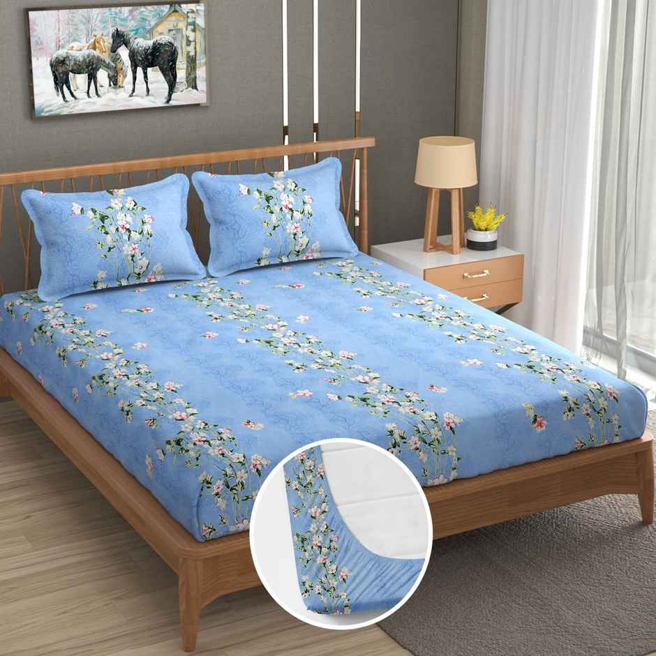 Furnofy 140 Gsm Fitted Double Bedsheet With 2 Pillow Covers (L-78" x B-72" + 6" Pocket, Blue)