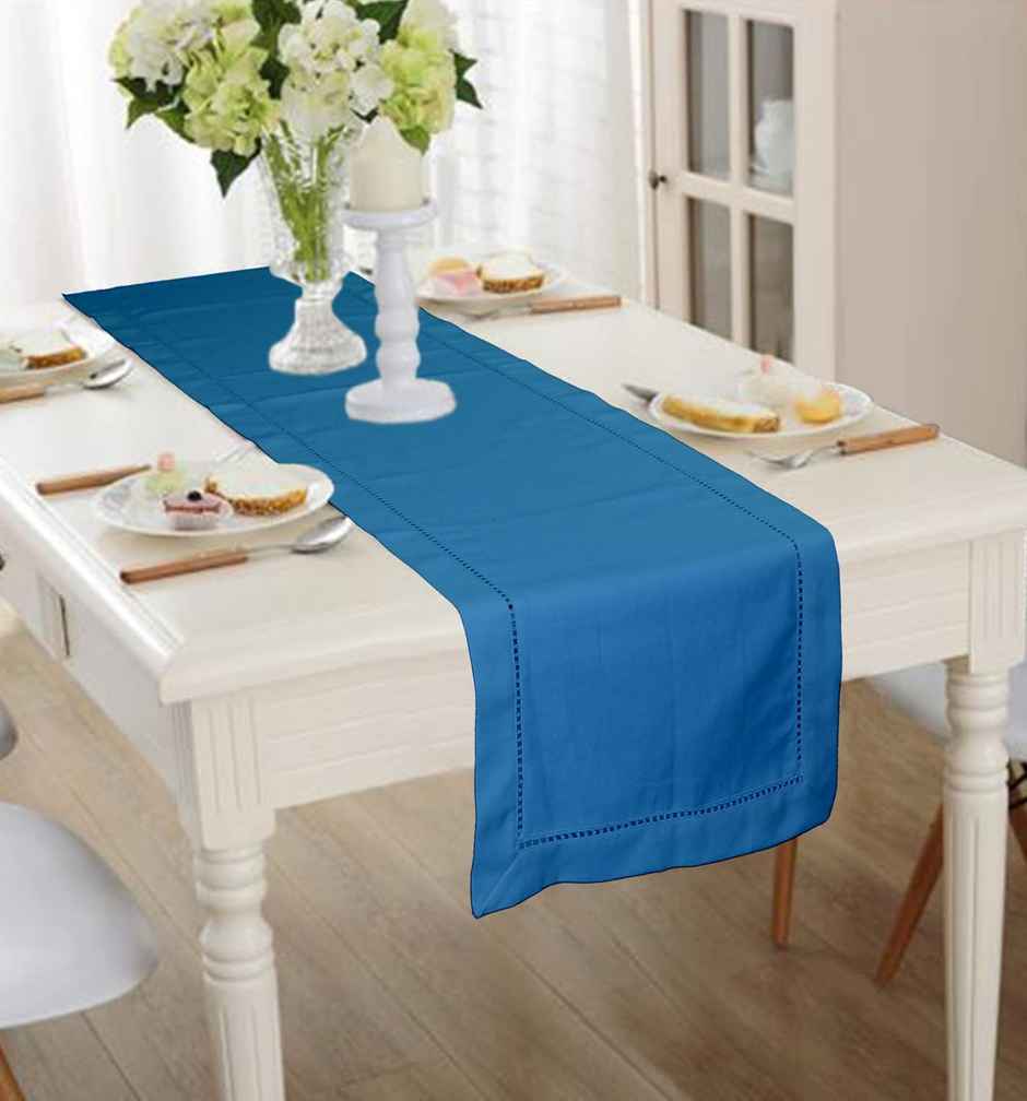 Lushomes Table Runner - Blue | Plain Double Holestitch | 30 x 180 cm
