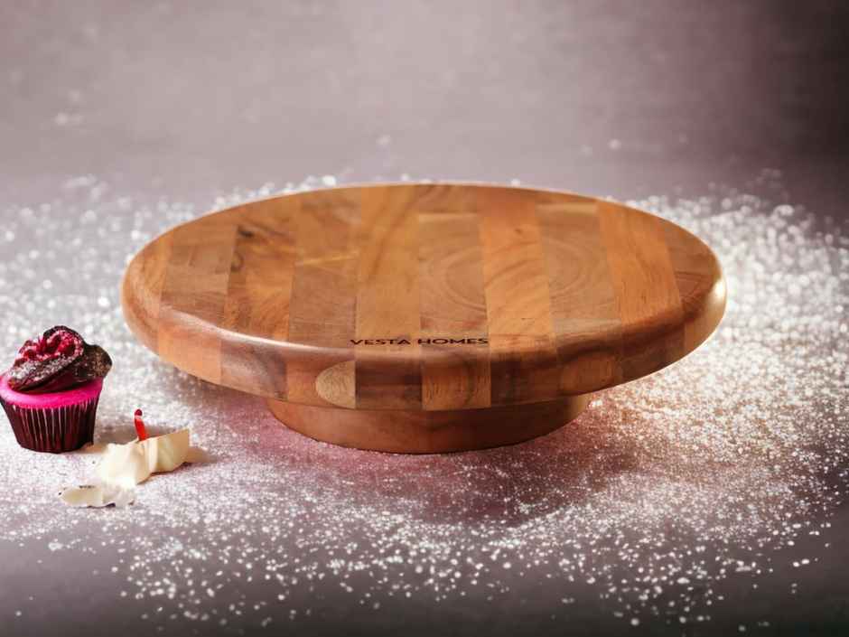Vesta Homes Round Wooden 360 Degree Rotating Cake Stand, Dessert Platter|Dia-10.5 Inch, H- 3 Inch