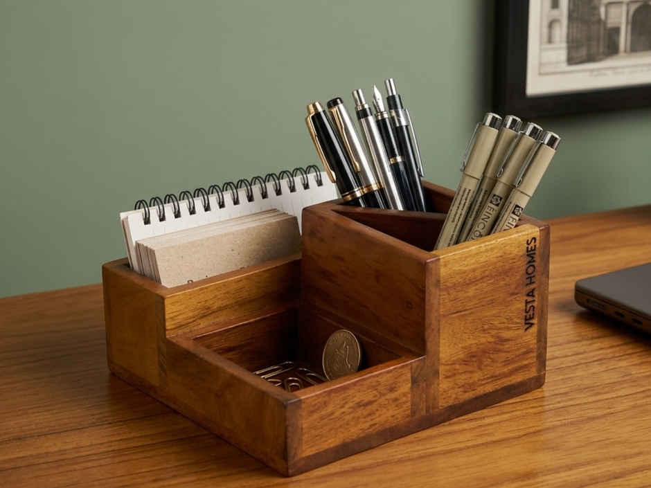 Vesta Homes Wooden Spoon Stand with Tissue Holder 4 Section Cutlery Organizer