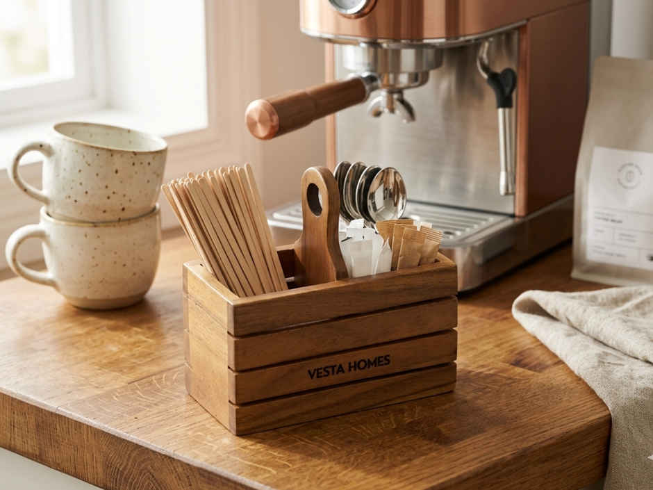 Vesta Homes Wooden Spoon Stand with Tissue Holder 2 Section Cutlery Organizer