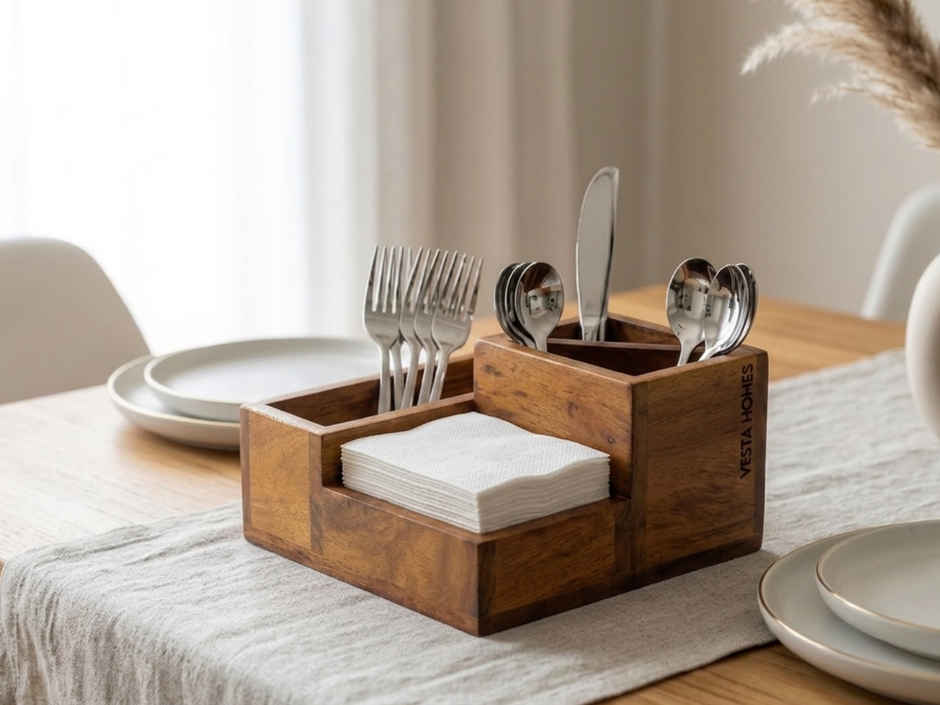 Vesta Homes Wooden Spoon Stand with Tissue Holder 4 Section Cutlery Organizer