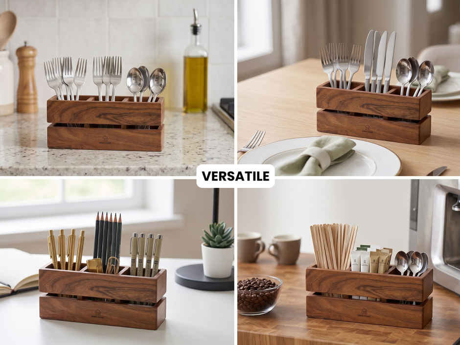Vesta Homes Wooden Spoon Stand with Tissue Holder 3 Section Cutlery Organizer