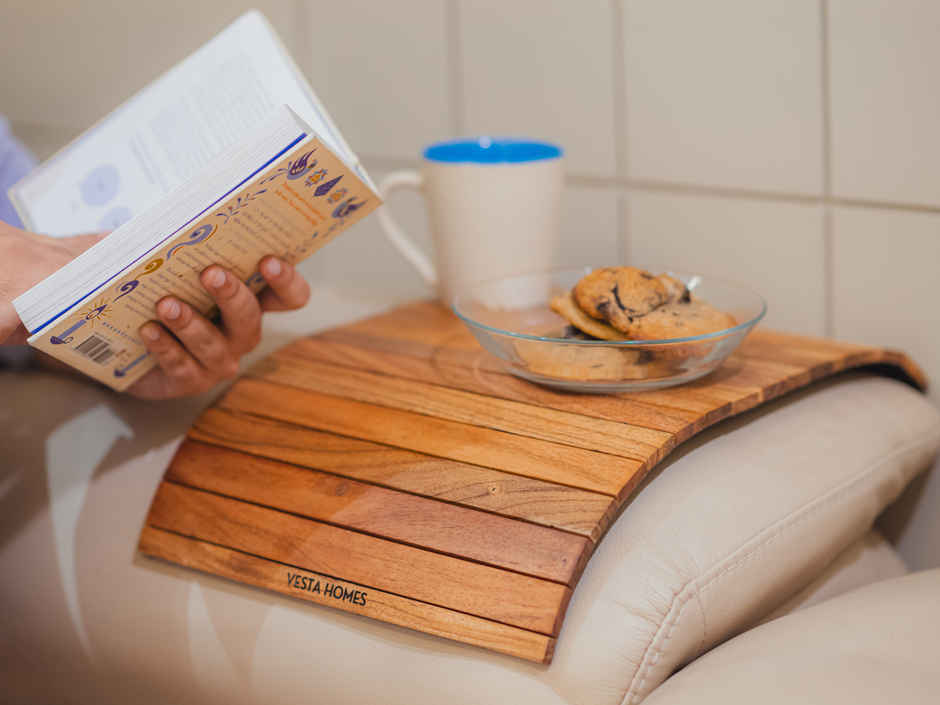 Vesta Homes Acacia Wood Sofa Armrest Tray|Tambour Tray| Foldable|Dining Table Mat|43 X 28 X 1.3 Cm