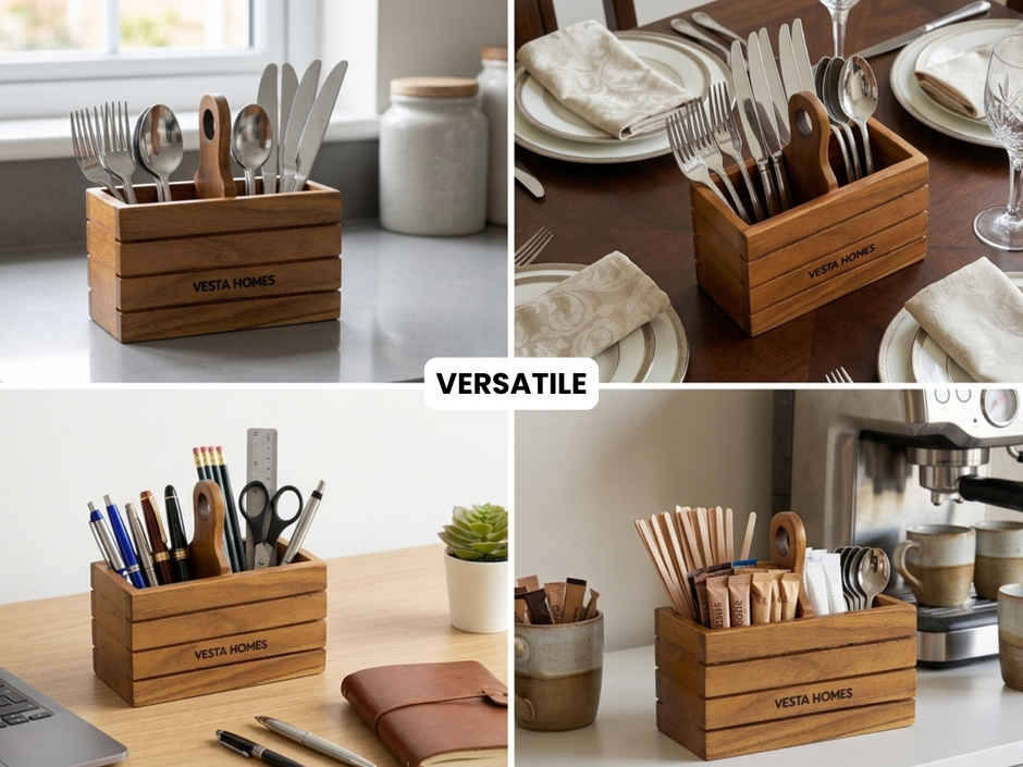 Vesta Homes Wooden Spoon Stand with Tissue Holder 2 Section Cutlery Organizer