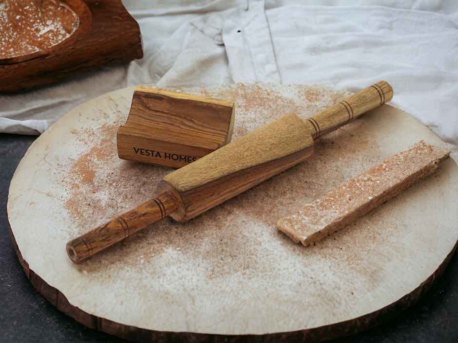 Vesta Homes Wooden Belan with Stand for Kitchen | Premium Solid Wood Roti | Chapati Rolling Pin