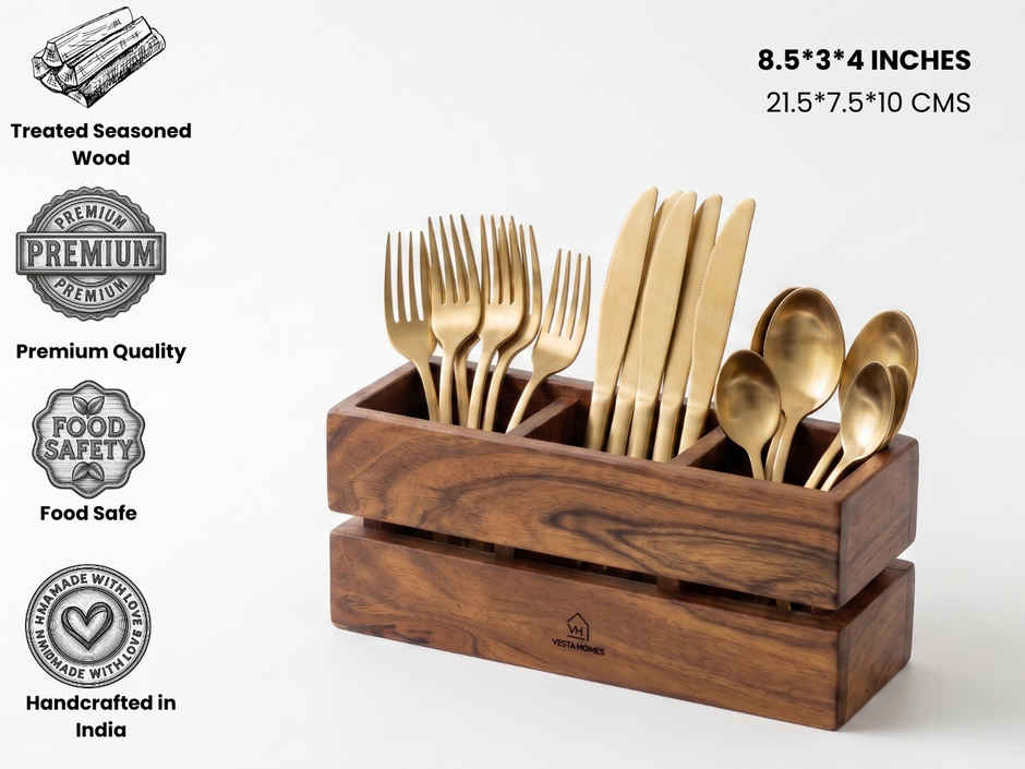 Vesta Homes Wooden Spoon Stand with Tissue Holder 3 Section Cutlery Organizer