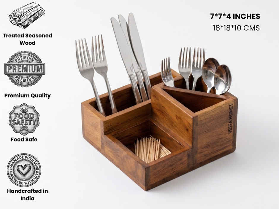 Vesta Homes Wooden Spoon Stand with Tissue Holder 4 Section Cutlery Organizer