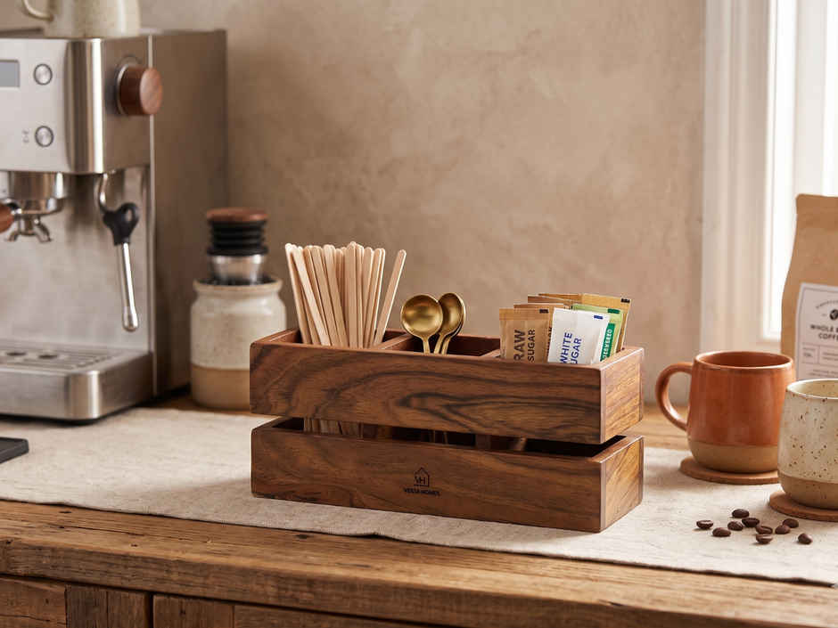 Vesta Homes Wooden Spoon Stand with Tissue Holder 3 Section Cutlery Organizer