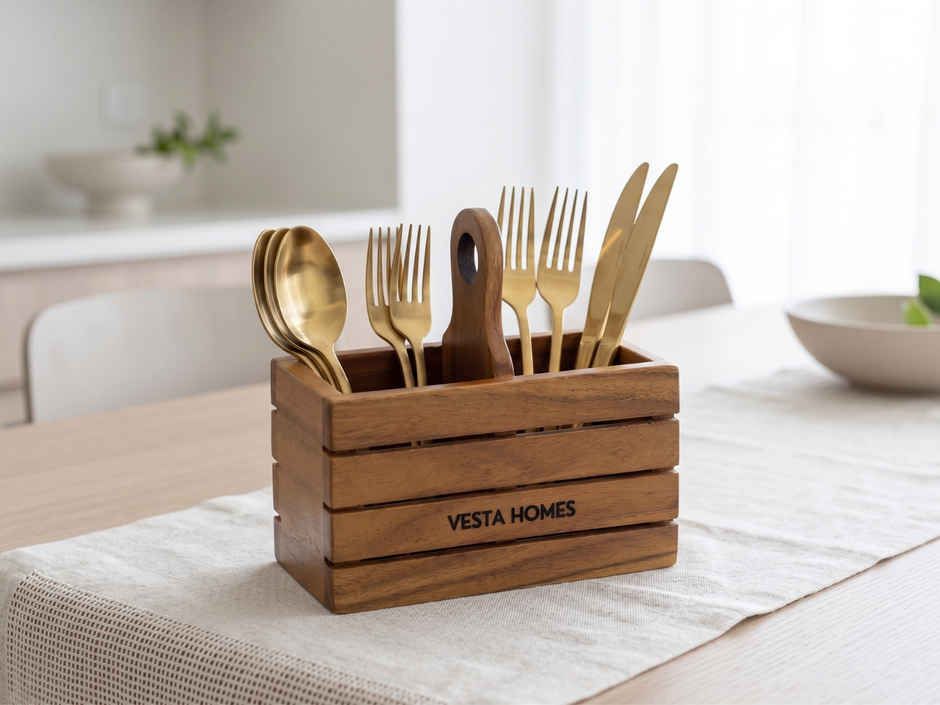 Vesta Homes Wooden Spoon Stand with Tissue Holder 2 Section Cutlery Organizer