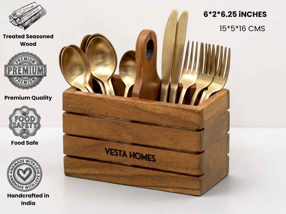 Vesta Homes Wooden Spoon Stand with Tissue Holder 2 Section Cutlery Organizer