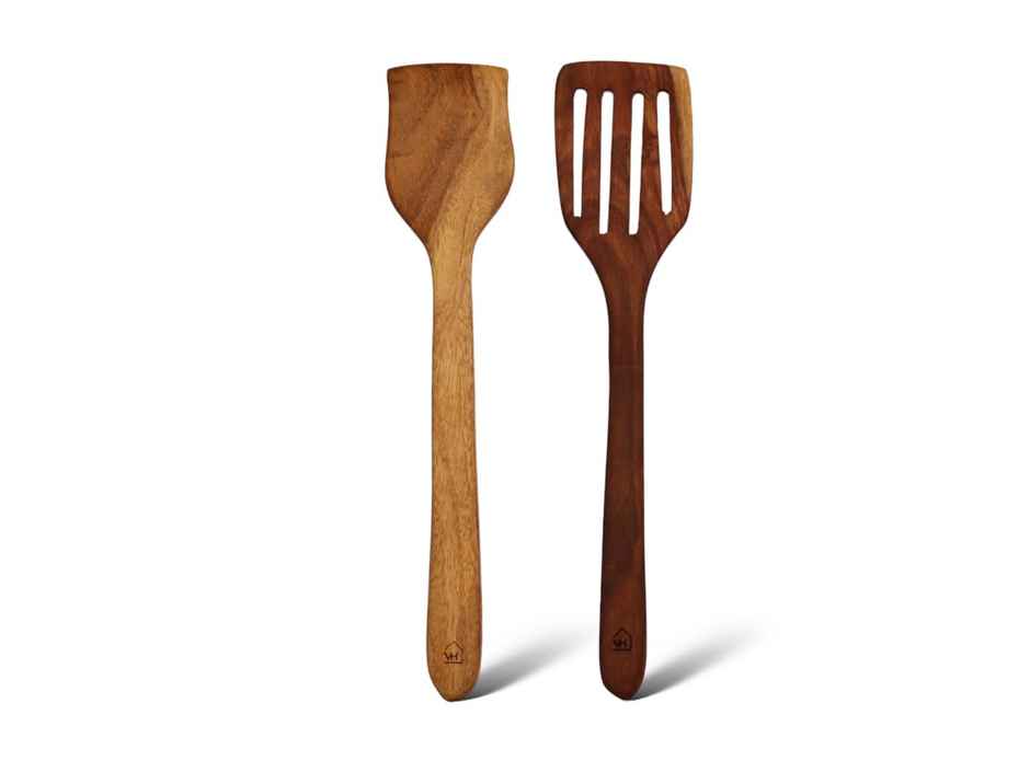 Vesta Homes Set Of 2 Neem Wood Spoon, Compact Flip, Spatula/Ladle|No Polish| Non-Stick|Hand Carved