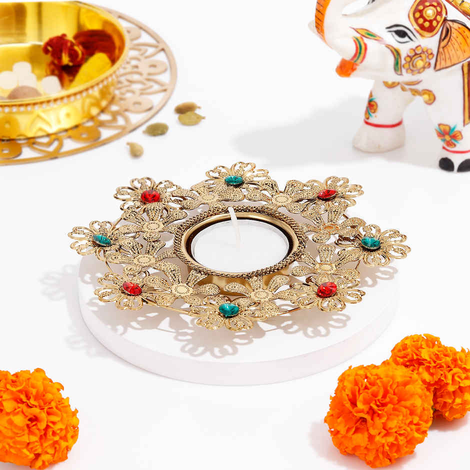 Tealight Holder | Flower Design | Metal | Gold | IGP