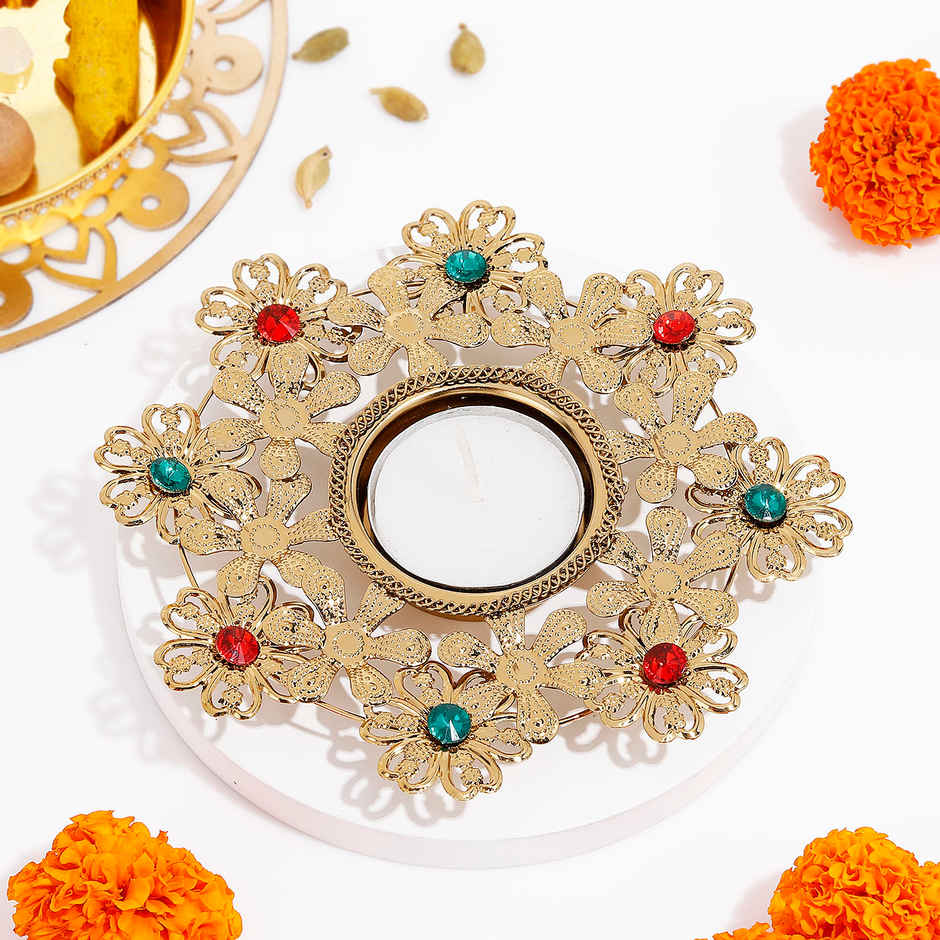 Tealight Holder | Flower Design | Metal | Gold | IGP