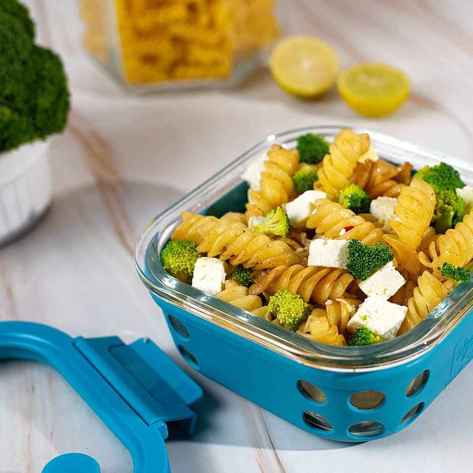 Tintbox 500Ml Glass Lunch Box With Glass Lid And Silicone Sleeve, Glassup 520Ml, Arctic Blue