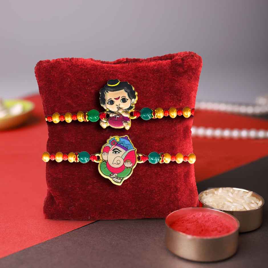 Tied Ribbons Krishna And Ganesha Rakhi For Kids With Roli Chawal (1pc) & Tied Ribbons Flute And Om Rakhi For Brother With Roli Chawal (1pc) Combo