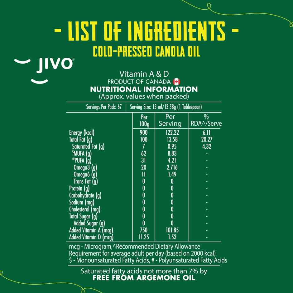 Jivo Canola Cold Pressed Edible Oil | Cooking Oil